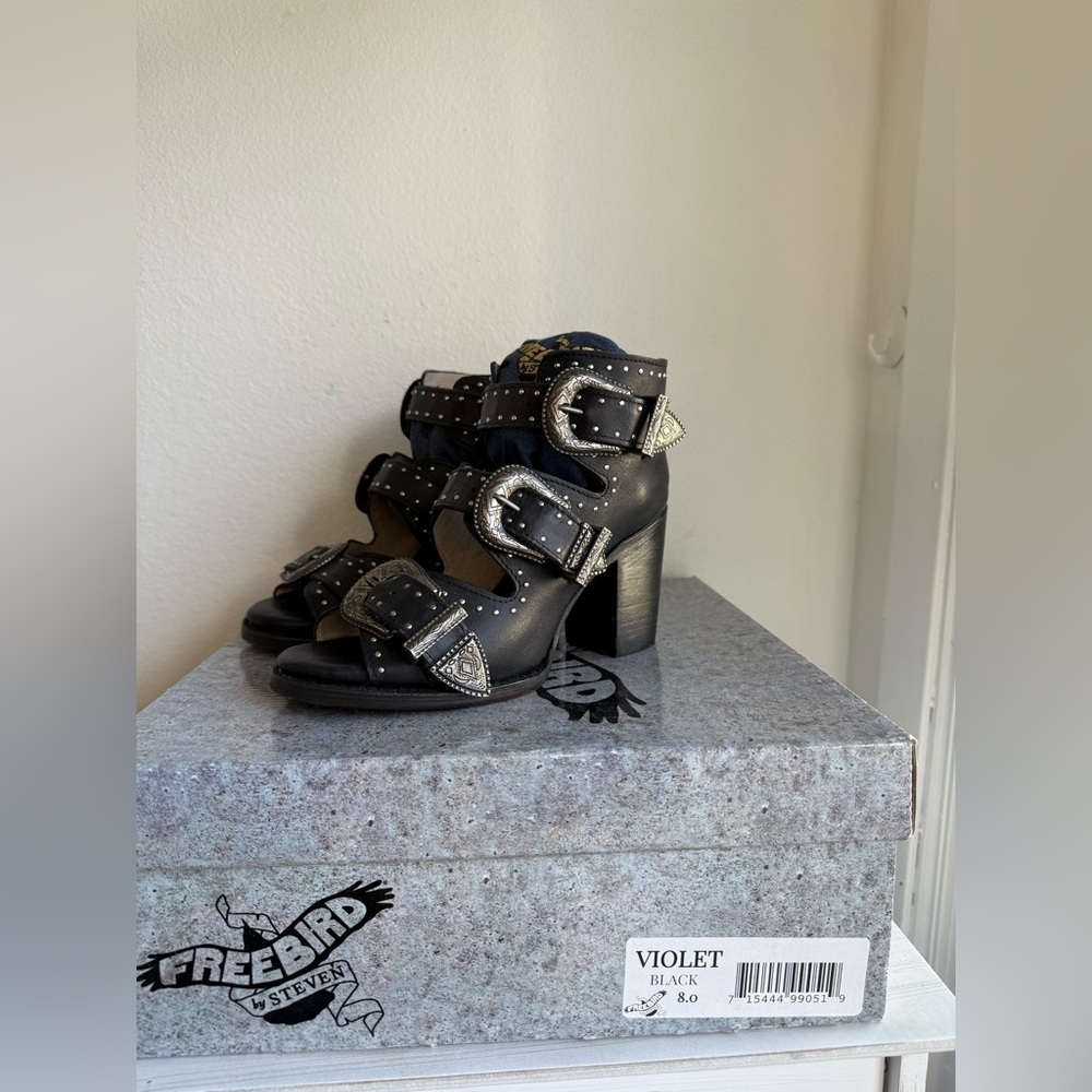 Freebird Black Studded Buckle Heels